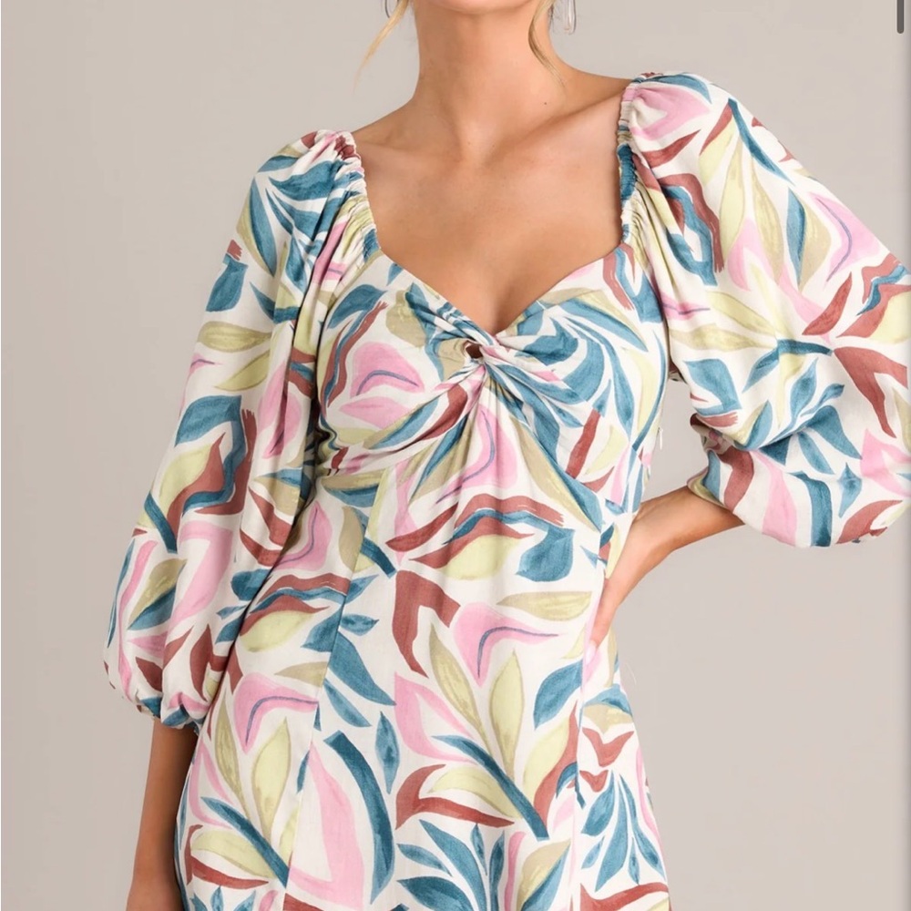 Z Supply Multicolor Leaf-Print Mini Dress in Pink, Blue, Green, Brown
